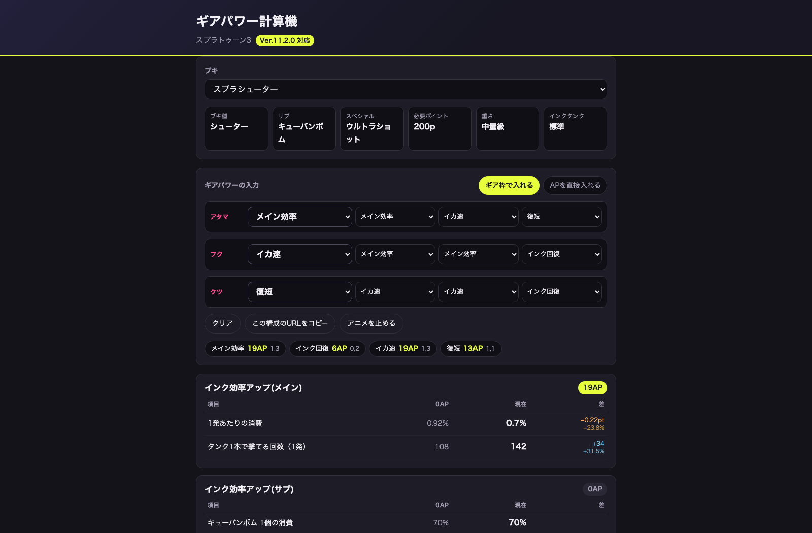 ギアパワー計算機 Ver.11.2.0対応版でギア枠を入力した画面
